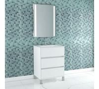 Pack Meuble Salle de Bains 60cm Blanc 3 Tiroirs, Vasque, Miroir 60x80 à Leds intégrées - XENOS