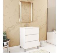 Pack Meuble Salle de Bains 60cm Blanc 3 Tiroirs, Vasque, Miroir 60x80 à Leds intégrées - XENOS