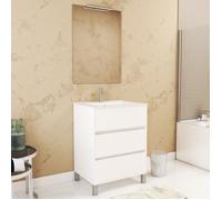 Pack Meuble Salle de Bains 60cm Blanc 3 Tiroirs, Vasque, Miroir 60x80 et réglette Led - XENOS