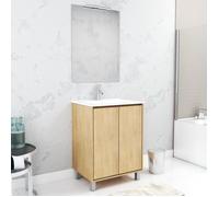 Pack Meuble Salle de Bains 60cm Chêne Clair 2 Portes, Vasque, Miroir 60x80 et réglette Led - XENOS