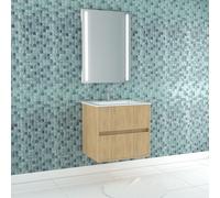 Pack Meuble Salle de Bains 60cm Chêne Clair 2 Tiroirs, Vasque, Miroir 60x80 à Leds intégrées - XENOS Multicolore