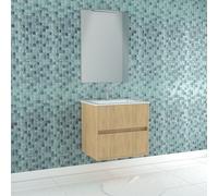 Pack Meuble Salle de Bains 60cm Chêne Clair 2 Tiroirs, Vasque, Miroir 60x80 et réglette Led - XENOS Multicolore