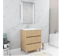 Pack Meuble Salle de Bains 60cm Chêne Clair 3 Tiroirs, Vasque, Miroir 60x80 à Leds intégrées - XENOS