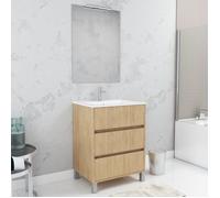Pack Meuble Salle de Bains 60cm Chêne Clair 3 Tiroirs, Vasque, Miroir 60x80 et réglette Led - XENOS