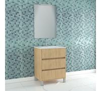 Pack Meuble Salle de Bains 60cm Chêne Clair 3 Tiroirs, Vasque, Miroir 60x80 et réglette Led - XENOS Multicolore