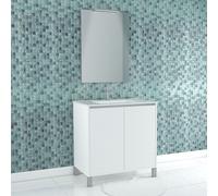 Pack Meuble Salle de Bains 80cm Blanc 2 Portes, Vasque, Miroir 60x80 et réglette Led - XENOS