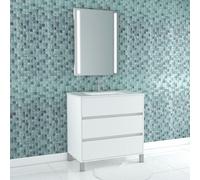 Pack Meuble Salle de Bains 80cm Blanc 3 Tiroirs, Vasque, Miroir 60x80 à Leds intégrées - XENOS