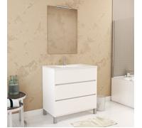 Pack Meuble Salle de Bains 80cm Blanc 3 Tiroirs, Vasque, Miroir 60x80 et réglette Led - XENOS