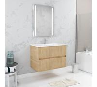 Pack Meuble Salle de Bains 80cm Chêne Clair 2 Tiroirs, Vasque, Miroir 60x80 à Leds intégrées - XENOS