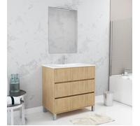 Pack Meuble Salle de Bains 80cm Chêne Clair 3 Tiroirs, Vasque, Miroir 60x80 et réglette Led - XENOS