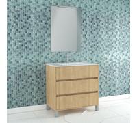 Pack Meuble Salle de Bains 80cm Chêne Clair 3 Tiroirs, Vasque, Miroir 60x80 et réglette Led - XENOS