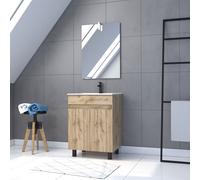 Pack Meuble SDB 60cm sur pieds 2 portes Chene_Vasque blanche + Miroir Led - TIMBER 60_Pack21