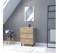 AURLANE Pack Meuble SDB 60cm sur Pieds 3 tiroirs Chene_Vasque Blanche + Miroir LED - Timber 60_Pack16