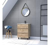 Pack Meuble SDB 60cm sur pieds 3 tiroirs Chene_Vasque noire + Miroir Barber - TIMBER 60_Pack42