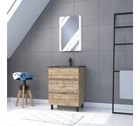 Pack Meuble SDB 60cm sur pieds 3 tiroirs Chene_Vasque noire + Miroir Led - TIMBER 60_Pack 14