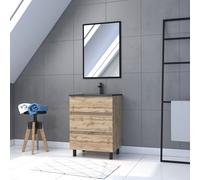 Pack Meuble SDB 60cm sur pieds 3 tiroirs Chene_Vasque noire + Miroir - TIMBER 60_Pack13