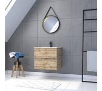 Pack Meuble SDB 60cm suspendu 2 tiroirs Chene_Vasque blanche + Miroir Barber - TIMBER 60_Pack32