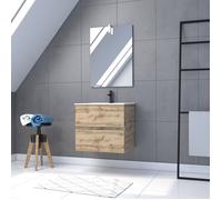 Pack Meuble SDB 60cm suspendu 2 tiroirs Chene_Vasque blanche + Miroir Led - TIMBER 60_Pack31