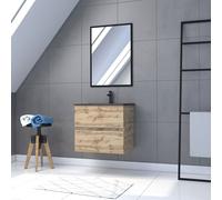 Pack Meuble SDB 60cm suspendu 2 tiroirs Chene_Vasque noire + Miroir - TIMBER 60_Pack07