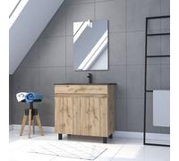 Pack Meuble SDB 80cm sur pieds 2 portes Chene_Vasque noire + Miroir Led - TIMBER 80_Pack23