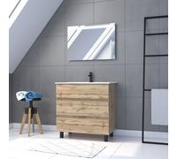 Pack Meuble SDB 80cm sur pieds 3 tiroirs Chene_Vasque blanche + Miroir Led - TIMBER 80_Pack46