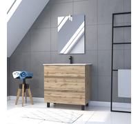 Pack Meuble SDB 80cm sur pieds 3 tiroirs Chene_Vasque blanche + Miroir Led - TIMBER 80_Pack47