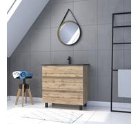 Pack Meuble SDB 80cm sur pieds 3 tiroirs Chene_Vasque noire + Miroir Barber - TIMBER 80_Pack44