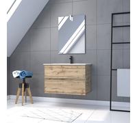 Pack Meuble SDB 80cm suspendu 2 tiroirs Chene_Vasque blanche + Miroir Led - TIMBER 80_Pack37