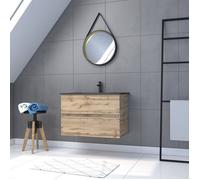 Pack Meuble SDB 80cm suspendu 2 tiroirs Chene_Vasque noire + Miroir Barber - TIMBER 80_Pack34