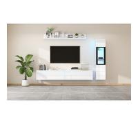 Pack meuble TV 3 pièces blanc laqué avec éclairage LED vitrine vitrée et étagère murale pour un salon chic et pratique