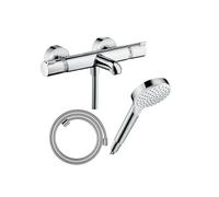 Hansgrohe Pack mitigeur Bain thermostatique Ecostat Comfort + Flexible Designflex 1,6m + Pommeau Vernis Blend EcoSmart chromé