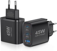 Pack Of 2 Usb C Chargers 45w Gan Power Supply For Iphone/Samsung Galaxy S25/S24/S23/S22/S21 Iphone 16/15/14/13/12/11 Pro Max, 3 Port Type C Usb Multiple Pps Fast Charger (Black)
