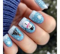 Pack Of 24 Christmas Snowman Snowflake Blue Press On Nails ABS Build False Nails For Holiday Parties And Daily Wear Blue Winter Fake Nail