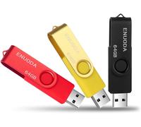 Pack of 3 64GB USB 2.0 Flash Drive Storage Rotating Memory Stick with LED Light (Black Gold Red)