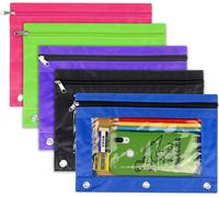 Pack Of 5 Zipper Case With 3 Holes - High Capacity Transparent Pencil Case With Bright Colours And Plastic Window