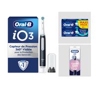 Pack Oral-B iO3 Noire - Sensibilité avec : 1 brosse à dents électrique + 2 dentifrices + 2 brossettes