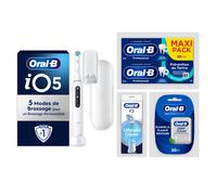 Pack Oral-B iO5 Blanche - Routine Complète avec : 1 brosse à dents électrique + 2 dentifrices + 4 brossettes + 1 fil dentaire + 1 étui de voyage