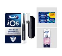 Pack Oral-B iO5 Noire - Sensibilité avec : 1 brosse à dents électrique + 2 dentifrices + 4 brossettes + 1 étui de voyage