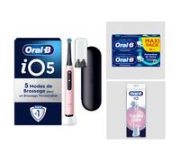 Pack Oral-B iO5 Rose - Sensibilité avec : 1 brosse à dents électrique + 2 dentifrices + 4 brossettes + 1 étui de voyage