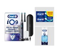 Pack Oral-B iO9 Noire - Nettoyage Intense avec : 1 brosse à dents électrique + 2 dentifrices + 4 brossettes + 1 étui de voyage