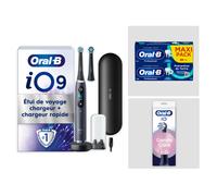 Pack Oral-B iO9 Noire - Sensibilité avec : 1 brosse à dents électrique + 2 dentifrices + 6 brossettes + 1 étui de voyage