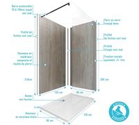 Pack Panneau Muraux 120x210 + Paroi 120x210 + Receveur 90x120 + Barre De Fixation Noir Mat 70/100cm