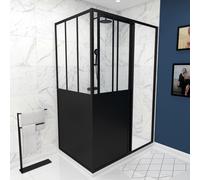 Pack paroi porte de douche coulissante 120x200cm + retour 80cm type atelier - NOIR MAT - verre 5mm