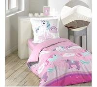 Pack parure de couette enfant 140x200 cm Licorne + drap housse 90x190 Blanc