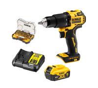Pack perceuse visseuse à percussion 18V DCD709N-XJ + 1 batterie 18V 5Ah + 1 Chargeur DCB1104-QW + 1 Coffret de 30 embouts DEWALT