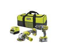 RYOBI Pack 18 V : Perceuse a percussion + meuleuse 115mm - 2 batteries 1 x 2,0 Ah et 1 x 4,0 Ah
