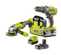RYOBI Pack 18 V : Perceuse a percussion + meuleuse 115mm - 2 batteries 1 x 2,0 Ah et 1 x 4,0 Ah