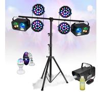 Pack Pied Lumière PARTY LIGHT & SOUND 4 Projecteurs PAR RGB - 2 Jeux Lumières Gobo Astro Strobe - Machine Fumée Liquide 1L Soirée