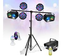 Pack Pied Lumière PARTY LIGHT & SOUND 4 Projecteurs PAR RGB - 2 Jeux Lumières Gobo Astro Strobe - Machine Fumée Liquide 1L Soirée Dj