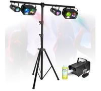 Pack Pied Portique Lumière PARTY LIGHT & SOUND 4 Jeux Lumières Gobos Strobe Astro Machine Fumée 400W Liquide 1L Dj Fête Sono